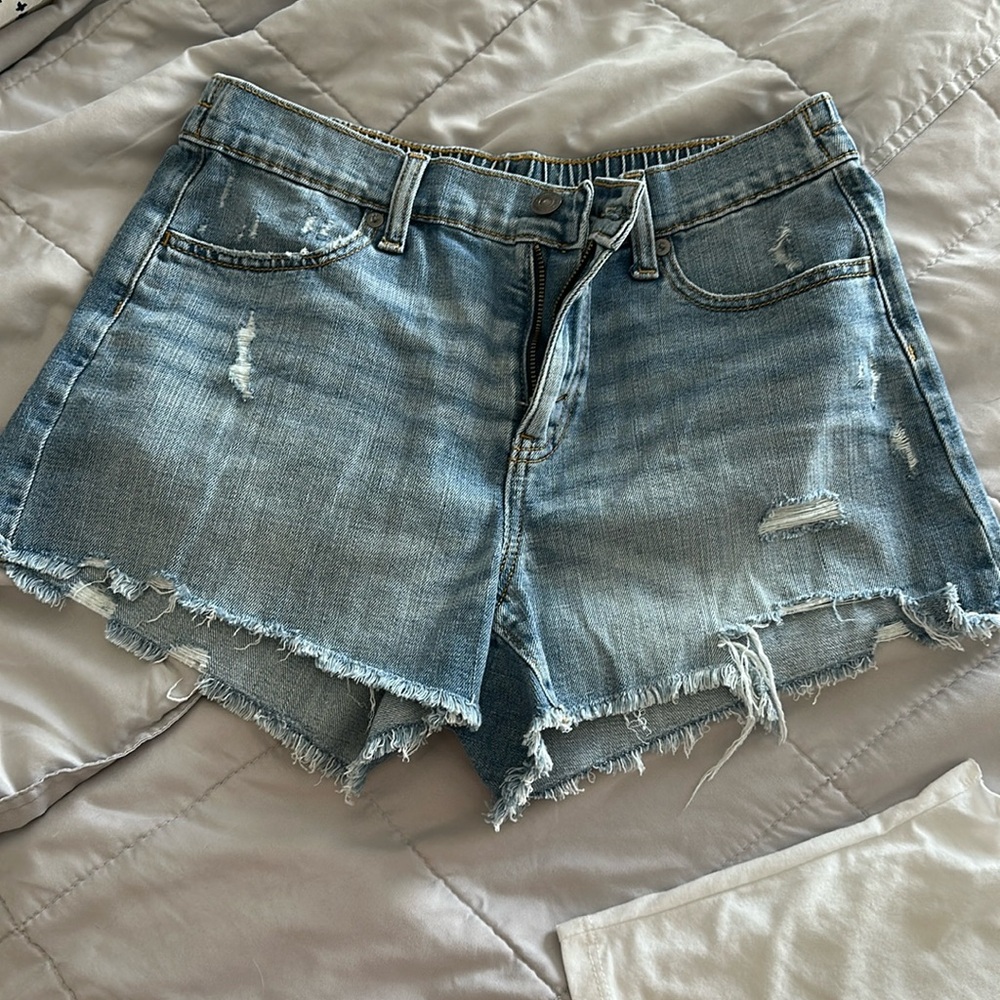 Aerie Blue Distressed Jean Shorts with Frayed Hem